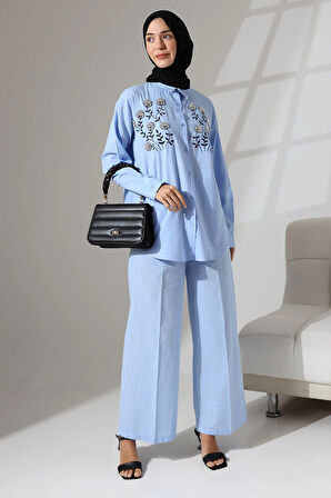 100% Pamuk Keten Günlük ve Rahat Çiçek Desen Nakışlı Taşlı Gömlek Pantolon Yazlık Alt Üst Takım