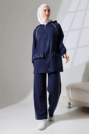 Kadın Lacivert Mevsimlik Penye Alt Üst Spor Ve Rahat Ikili Tunik Pantolon Şık Tesettür Takım