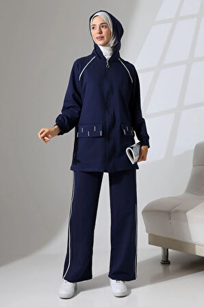 Kadın Lacivert Mevsimlik Penye Alt Üst Spor Ve Rahat Ikili Tunik Pantolon Şık Tesettür Takım