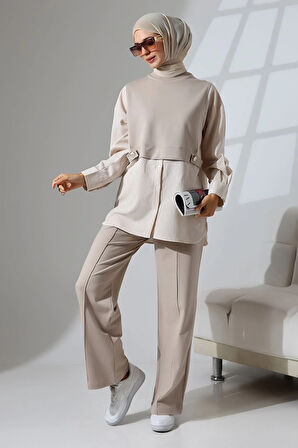 Kadın Taş Rengi Mevsimlik Penye Alt Üst Spor ve Rahat Tesettür Takım