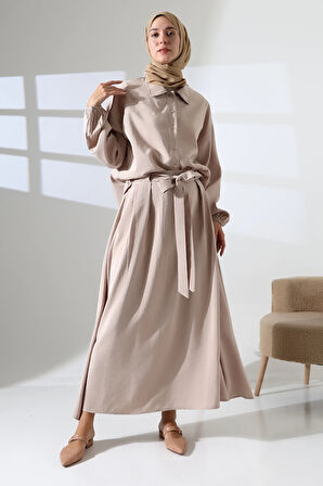 Kadın 100% Pamuk Modal Krem Gömlek Etek Tesettür Takım