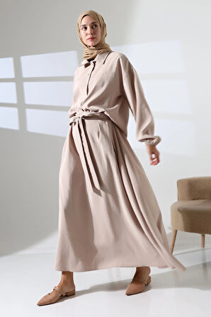 Kadın 100% Pamuk Modal Krem Gömlek Etek Tesettür Takım