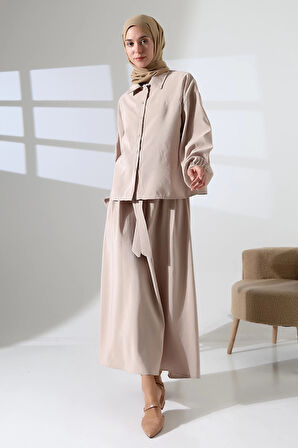 Kadın 100% Pamuk Modal Krem Gömlek Etek Tesettür Takım