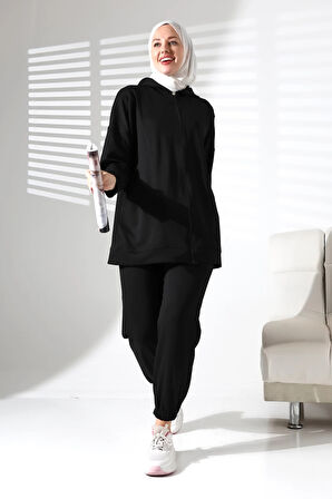 Kadın Mevsimlik Alt Üst Rahat Siyah Spor Ikili Tunik Pantolon Şık Tesettür Takım