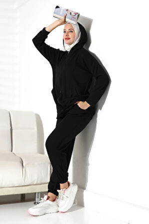Kadın Mevsimlik Alt Üst Rahat Siyah Spor Ikili Tunik Pantolon Şık Tesettür Takım