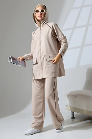 Kadın Taş Rengi Mevsimlik Penye Alt Üst Spor Ve Rahat Ikili Tunik Pantolon Şık Tesettür Takım