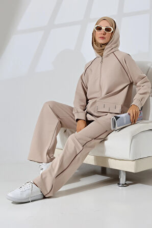 Kadın Taş Rengi Mevsimlik Penye Alt Üst Spor Ve Rahat Ikili Tunik Pantolon Şık Tesettür Takım