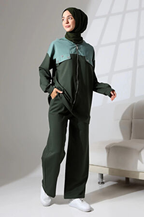 Kadın Haki Yeşili Mevsimlik Penye Alt Üst Spor Ve Rahat Ikili Tunik Pantolon Şık Tesettür Takım