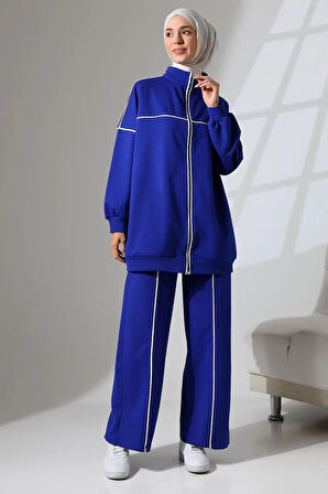 Kadın Saks Mavisi Mevsimlik Penye Alt Üst Spor ve Rahat Tesettür Takım