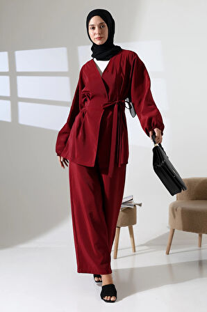Kadın 100% Pamuk Modal Bordo Kimono Pantolon Tesettür Takım