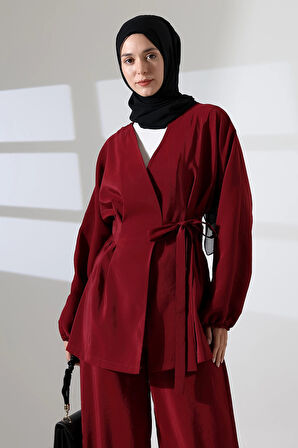 Kadın 100% Pamuk Modal Bordo Kimono Pantolon Tesettür Takım