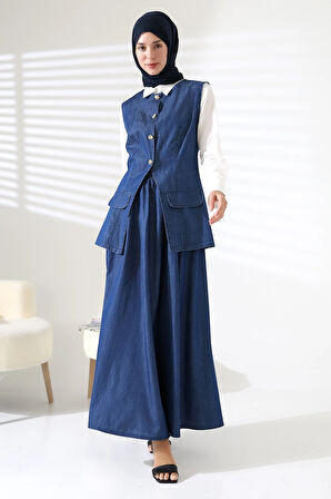 Kadın 100% Pamuk Kot Lacivert Yelek Etek Tesettür Takım