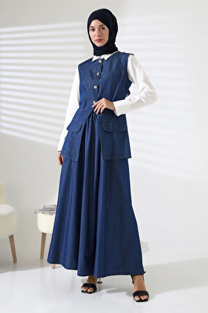 Kadın 100% Pamuk Kot Lacivert Yelek Etek Tesettür Takım