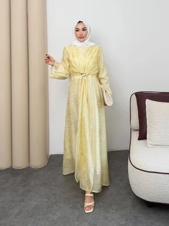 Silk Model Kemerli Bilek Büzgü Desen Detaylı Kadın Elbise