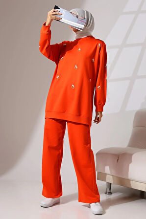 Kadın Turuncu Mevsimlik Penye Alt Üst Spor Ve Rahat Ikili Tunik Pantolon Şık Tesettür Takım