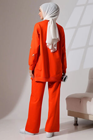 Kadın Turuncu Mevsimlik Penye Alt Üst Spor Ve Rahat Ikili Tunik Pantolon Şık Tesettür Takım