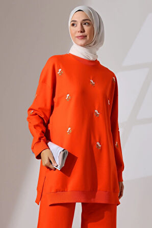 Kadın Turuncu Mevsimlik Penye Alt Üst Spor Ve Rahat Ikili Tunik Pantolon Şık Tesettür Takım