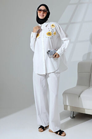 100% Pamuk Keten Günlük ve Rahat Çiçek Desen Nakışlı Taşlı Gömlek Pantolon Yazlık Alt Üst Takım