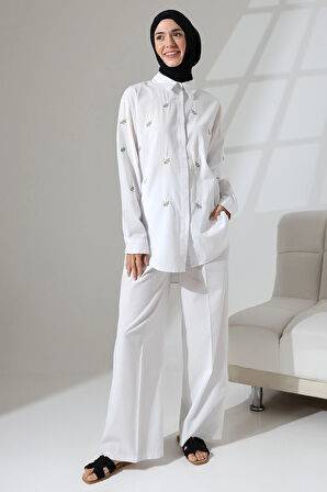 100% Pamuk Keten Günlük ve Rahat Çiçek Desen Nakışlı Gömlek Pantolon Yazlık Alt Üst Takım