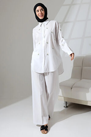 100% Pamuk Keten Günlük ve Rahat Çiçek Desen Nakışlı Gömlek Pantolon Yazlık Alt Üst Takım