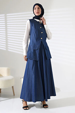 Kadın 100% Pamuk Kot Lacivert Yelek Etek Tesettür Takım