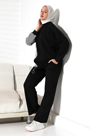 Kadın Mevsimlik Alt ve Üst Rahat Siyah Spor Tesettür Takım