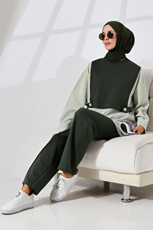 Kadın Haki Yeşili Mevsimlik Penye Alt Üst Spor Ve Rahat Ikili Tunik Pantolon Şık Tesettür Takım