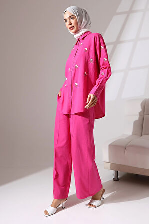 100% Pamuk Keten Günlük ve Rahat Çiçek Desen Nakışlı Gömlek Pantolon Yazlık Alt Üst Takım