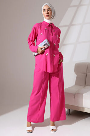 100% Pamuk Keten Günlük ve Rahat Çiçek Desen Nakışlı Gömlek Pantolon Yazlık Alt Üst Takım