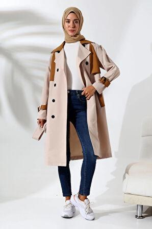 Kadın Mevsimlik Su Geçirmez Regular Fit Kruvaze Yaka Bondit Kumaş Trençkot