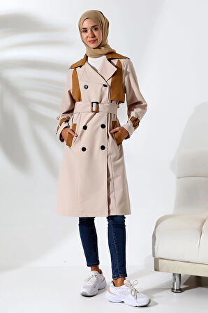 Kadın Mevsimlik Su Geçirmez Regular Fit Kruvaze Yaka Bondit Kumaş Trençkot