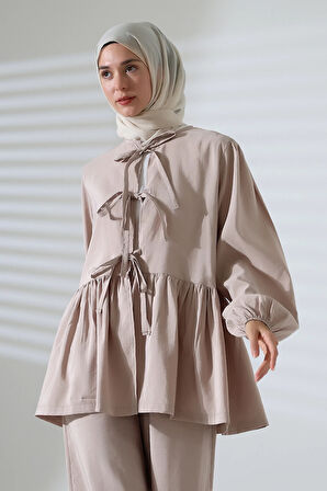 Kadın 100% Pamuk Modal Taş Rengi Gömlek Pantolon Tesettür Takım