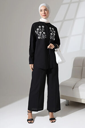 100% Pamuk Keten Günlük ve Rahat Çiçek Desen Nakışlı Taşlı Gömlek Pantolon Yazlık Alt Üst Takım