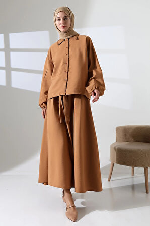 Kadın 100% Pamuk Modal Camel Gömlek Etek Tesettür Takım
