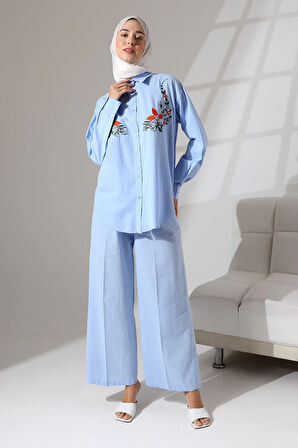 100% Pamuk Keten Günlük ve Rahat Çiçek Desen Nakışlı Taşlı Gömlek Pantolon Yazlık Alt Üst Takım