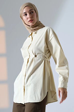 Kadın 100% Pamuk Poplin Kumaş Krem Tesettür Gömlek