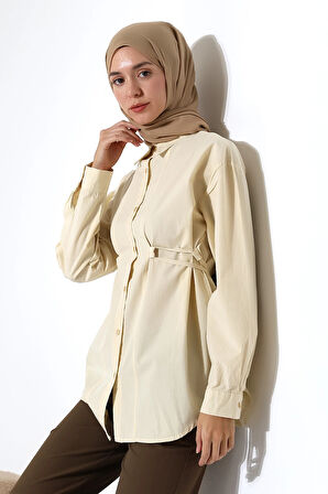 Kadın 100% Pamuk Poplin Kumaş Krem Tesettür Gömlek