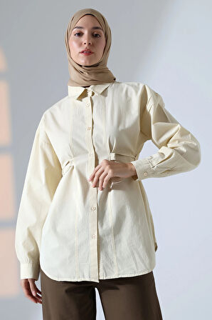 Kadın 100% Pamuk Poplin Kumaş Krem Tesettür Gömlek