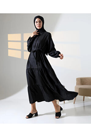 Kadın 100% Pamuk Viskon Desenli Siyah Tesettür Elbise