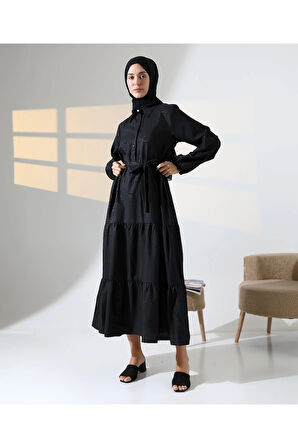 Kadın 100% Pamuk Viskon Desenli Siyah Tesettür Elbise