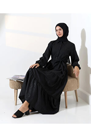 Kadın 100% Pamuk Viskon Desenli Siyah Tesettür Elbise
