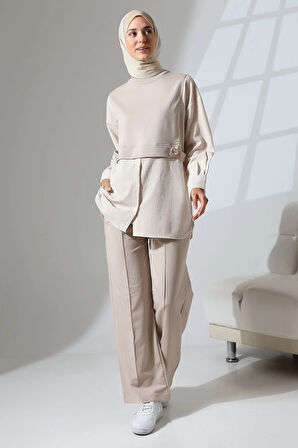 Kadın Taş Rengi Mevsimlik Penye Alt Üst Spor ve Rahat Tesettür Takım
