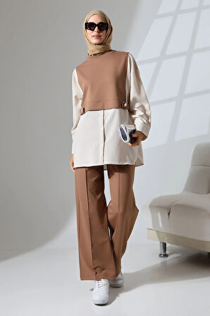 Kadın Kahverengi Mevsimlik Penye Alt Üst Spor Ve Rahat Ikili Tunik Pantolon Şık Tesettür Takım