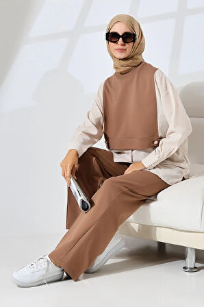 Kadın Kahverengi Mevsimlik Penye Alt Üst Spor Ve Rahat Ikili Tunik Pantolon Şık Tesettür Takım