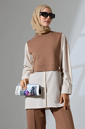 Kadın Kahverengi Mevsimlik Penye Alt Üst Spor Ve Rahat Ikili Tunik Pantolon Şık Tesettür Takım