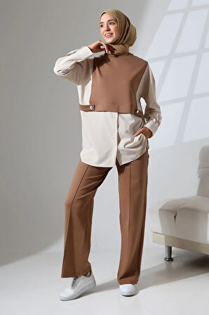 Kadın Kahverengi Mevsimlik Penye Alt Üst Spor Ve Rahat Ikili Tunik Pantolon Şık Tesettür Takım