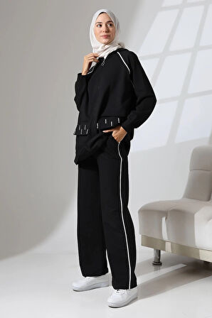 Kadın Siyah Mevsimlik Penye Alt Üst Spor Ve Rahat Ikili Tunik Pantolon Şık Tesettür Takım