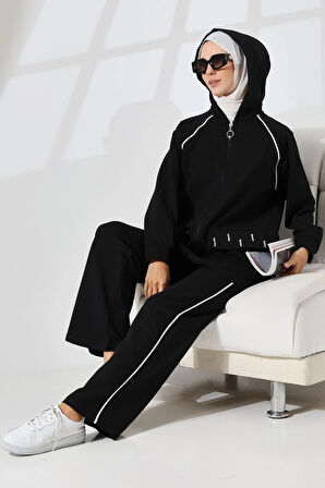 Kadın Siyah Mevsimlik Penye Alt Üst Spor Ve Rahat Ikili Tunik Pantolon Şık Tesettür Takım