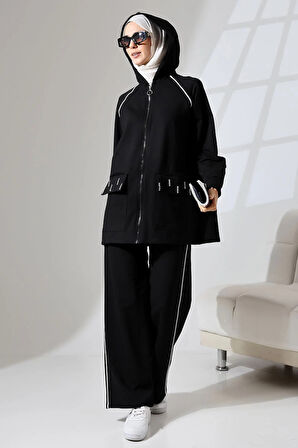 Kadın Siyah Mevsimlik Penye Alt Üst Spor Ve Rahat Ikili Tunik Pantolon Şık Tesettür Takım
