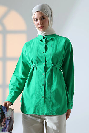 Kadın 100% Pamuk Poplin Kumaş Yeşil Tesettür Gömlek